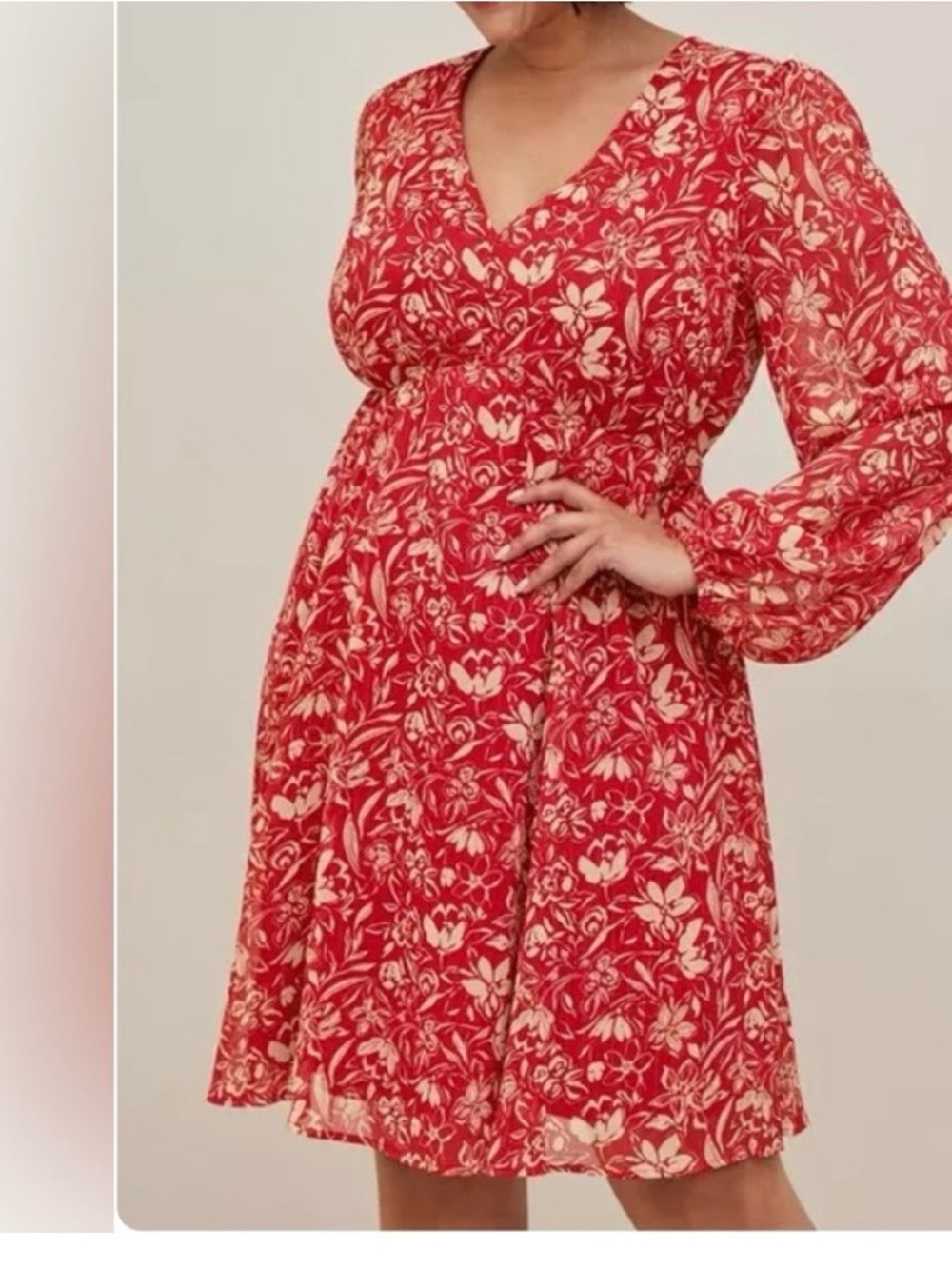 Torrid Red Floral V-Neck Long Sleeve Dress - Size 0/12-14